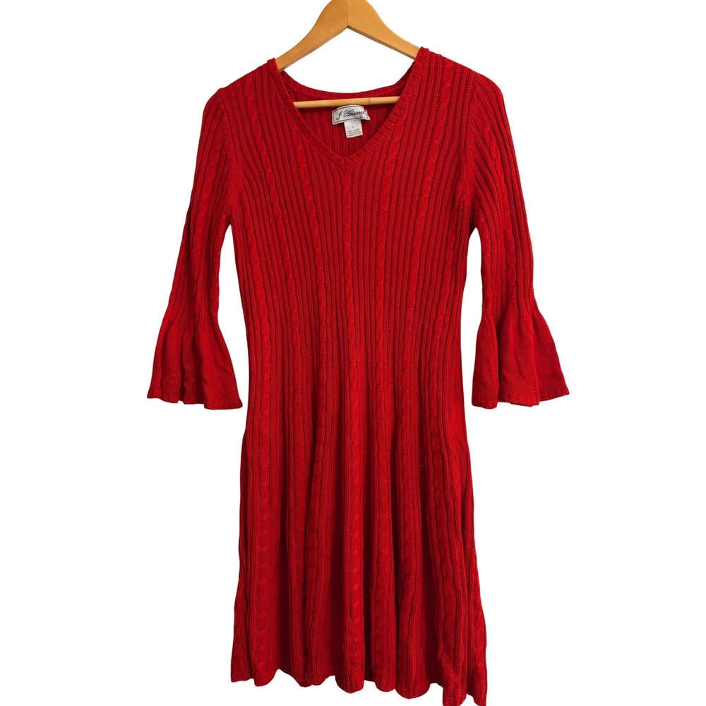 J Howard Sweater Dress L Women Red Cable Knit Bell Sleeve V-Neck Holiday Fall